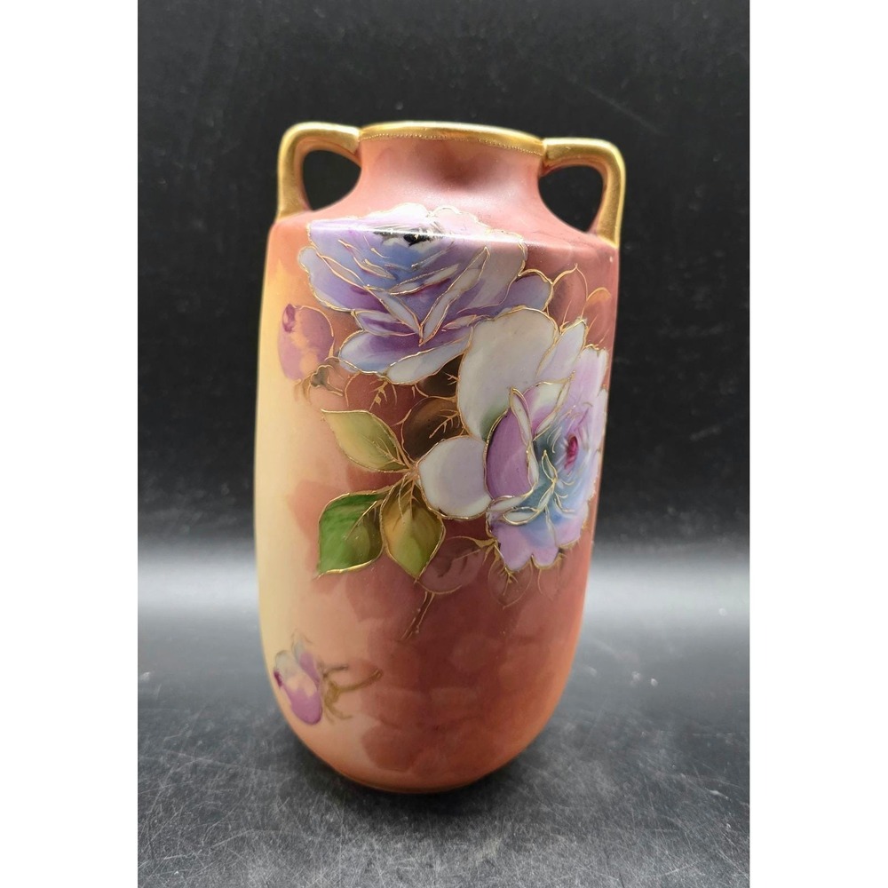 Antique Nippon Hand Painted Rose Vase Gold Gilded Double‎ Handle Porcelain Matte